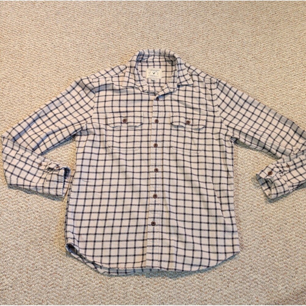 American Eagle Outfitters Flannel Shirt Mens Medium Cream Black Plaid Check